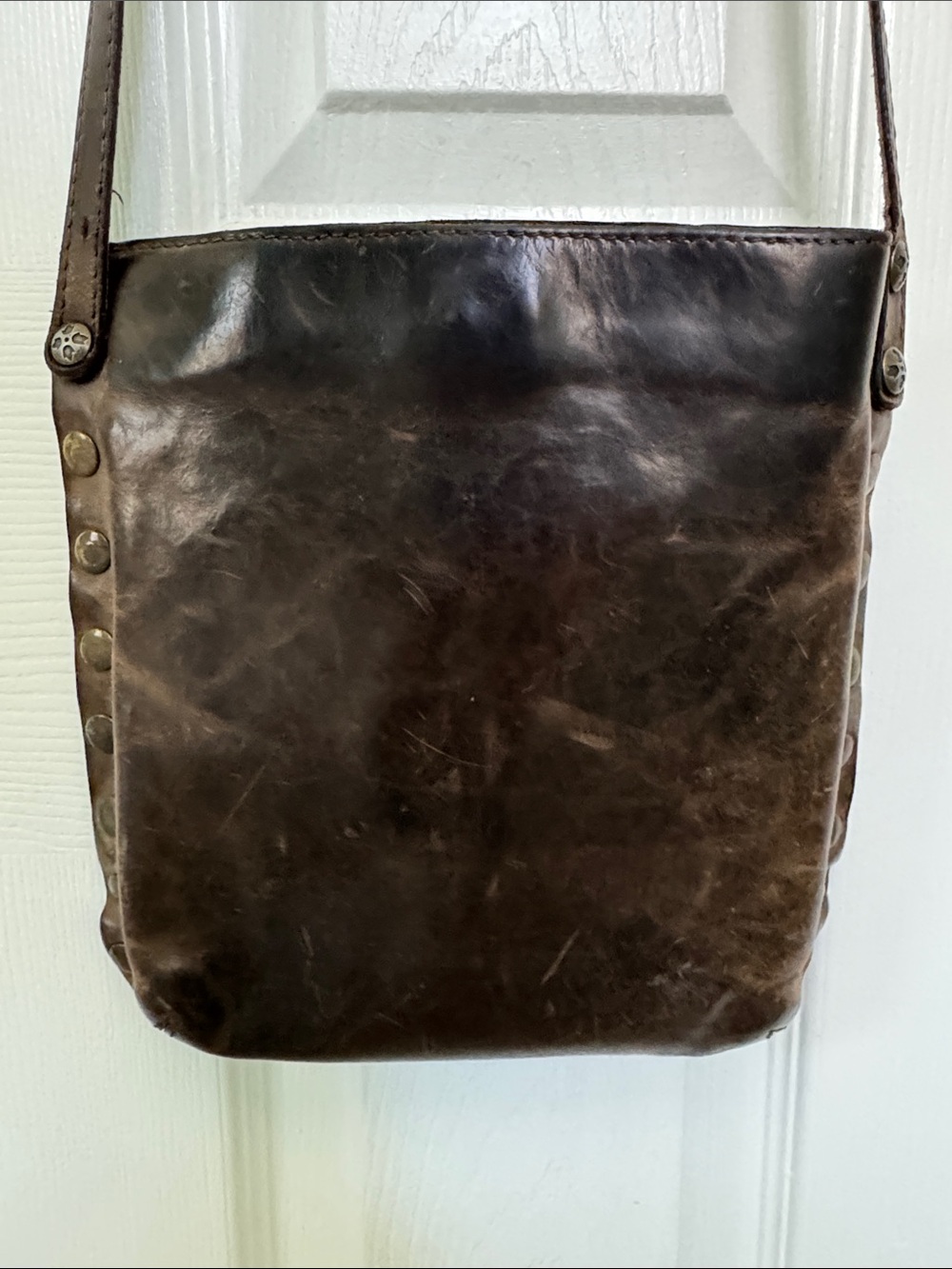Patricia Nash Distressed Italian Leather Studded Crossbody Bag Brown Boho